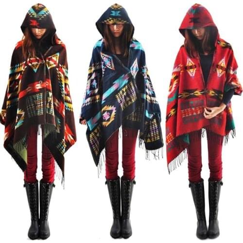 Stylish Women Boho ethnic printed Hoodie Cape Poncho Acrylic Wool Shawl Scarf Fashion Girls Sweater Fringe Hooded Wraps