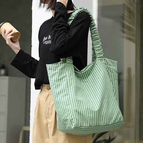 New Korean Small Fresh Handbag Red Fold Canvas Womens Bag Leisure Lattice Large Capacity Shoulder Bag Purses And Handbags