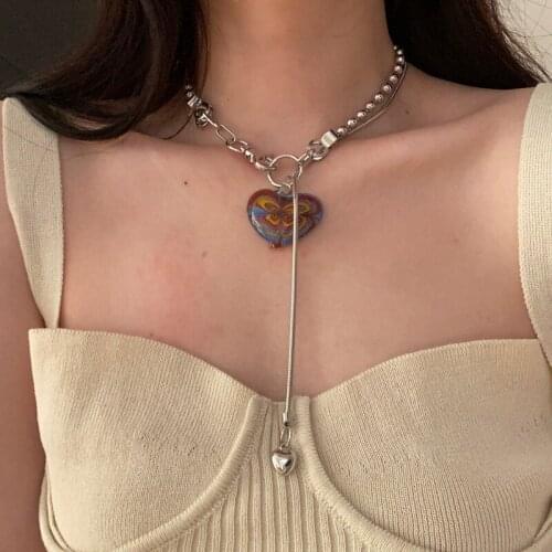 Vintage Big Glaze Heart Pendant Necklace Punk Chain Choker Charm For Hip Hop Cool Girl Gifts Fashion Jewelry Party Accessories