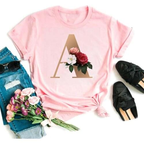 High Quality Fashion Custom Name Letter Combination T-shirt Womens Flower Letter Font A B C D Short Sleeve Clothes,Drop Ship
