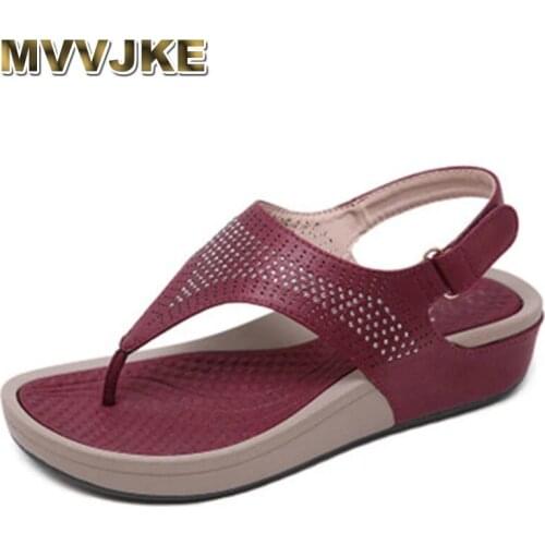 MVVJKE Women Wedge Platform Sandals Soft Red Large Size Plus hong Wide Fit Summer Shoes Embellished Diamond Crystal Rhinestone