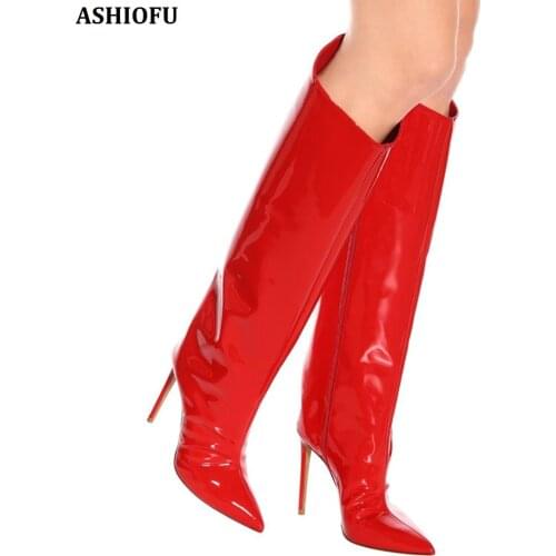ASHIOFU Handmade New Ladies High Heel Boots Pointed-toe Party Prom Knee Boots Evening Dressing Fashion Boots Shoes