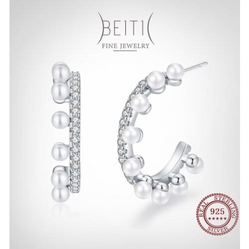 Beitil Luxury 925 Sterling Silver Pearl Stud Earrings For Women Dazzling Clear CZ Fine Elegant Wedding Brand Jewelry