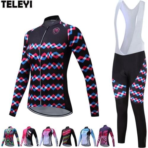 TELEYI Team Womens Pro Cycling Long Sleeve Jersey Bib Pants Ropa Ciclismo Set Girls Bike Bicycle Sportswear Clothing Suit S-4XL