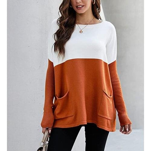 Casual Pocket Patchwork Sweater Women Autumn Fashion Long Sleeve O-neck Contrast Color Pullovers 2021 Loose Office Thin Sweaters