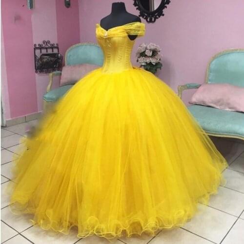 Abendkleider 2019 Princess Ball Gown Evening Dresses Yellow V Neck Long Appliques Tulle Evening Gown Formal Dress robe de soiree