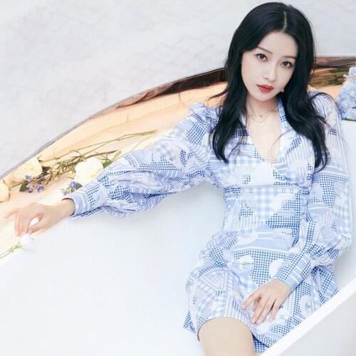 Blue Plaid Spring Mini Dress Women V-Neck Long Sleeve Elegant Party Dress Buttons Elastic Waist Vintage Runway Dress 2021 C886