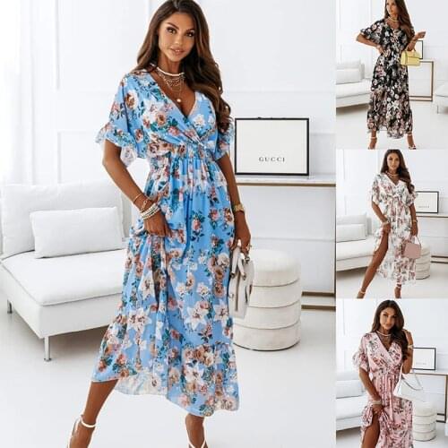Summer Fashion Women Clothes V-neck Floral Party Midi Dress Casual Loose Short Sleeve Dresses For Women 2021 Vestido De Mujer
