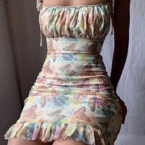 Women Girls Sling Lace Up Butterfly Print High Waist Skinny Bodycon Square Collar Party Club Sexy Vintage Sweet Mini Dress