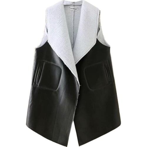 Winter Women Vest Coat Oversize Sleeveless Jacket PU Leather Composite Fleece Warm Outerwear Fashion Casual Loose Clothes 2020