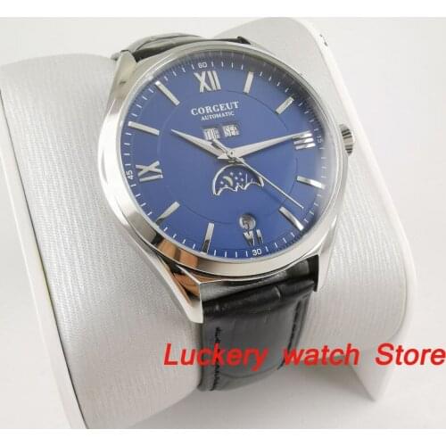 40mm corgeut mens watch blue dial Date moon phase Automatic Mechanical watch-CA57