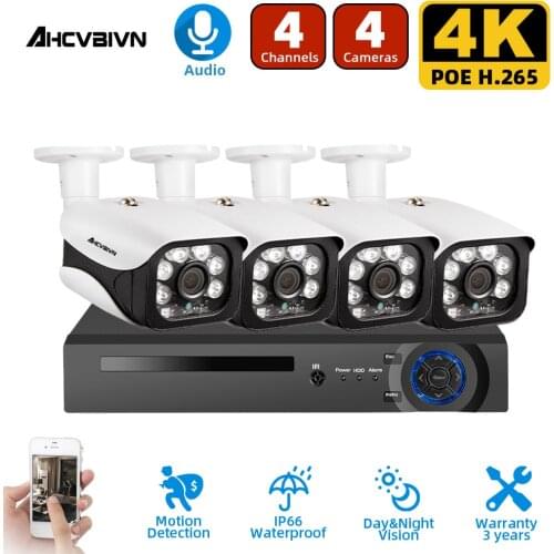 4K 4CH CCTV System H.265+ HD NVR kit 4*8MP Home Security Audio Waterproof Outdoor Night Vision IP Camera Video Surveillance Kit
