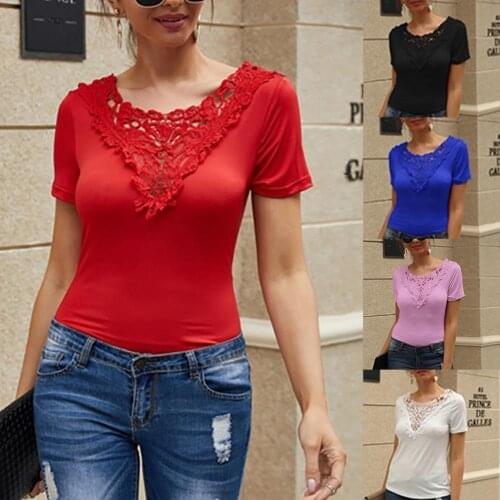 80%HOT Sexy Women Long Sleeve Solid Color Lace Stitching V Neck Slim Blouse T-shirt