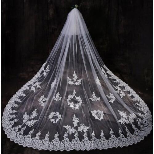 Free shipping Hot sell romantic Korean lace flowers Super long trailing soft yarn veil 3.5cmeter long wedding bride veil