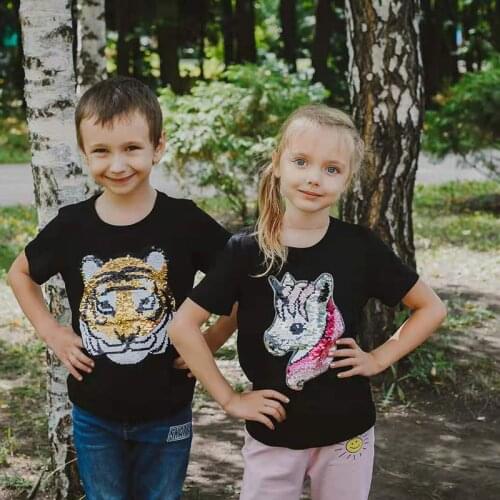 Tiger Change to Panda Boys T-Shirts Children Magic Sequin Reversible Cotton Casual Summer Clothing Fashion T Shirt Kids Tops Tee