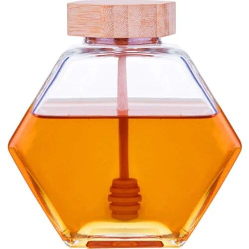 X40 Honey Pot 380ml Honey Weight Hexagonal Glass Honey Jar with Wooden Dipper Cork Lid Cover for Home Kitchen