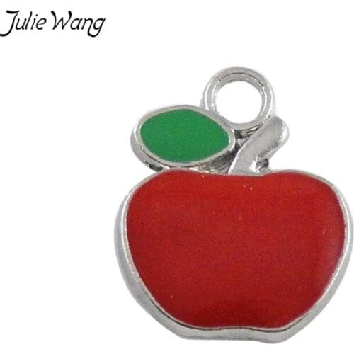 Julie Wang 20PCS Wholesale Red Apple Shape Enamel Zinc Alloy Pendant Charms Handmade Neckacle Dangle Jewelry Accessories 17*17mm