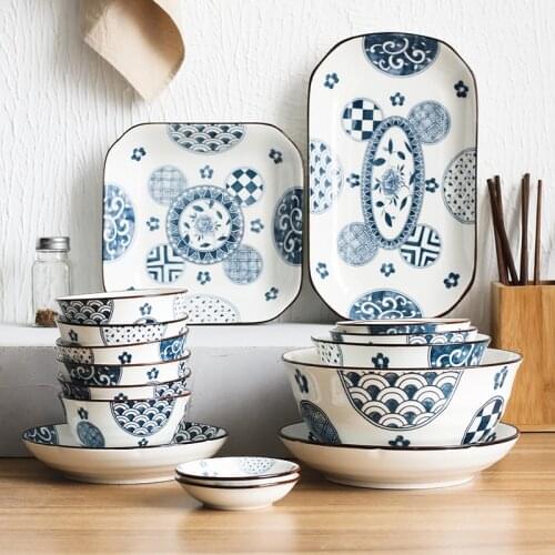 Japanese-style Ceramic Bowl Blue And White Porcelain Bowls And Plates Cute Soup Rice Ramen Bowl Household Tableware