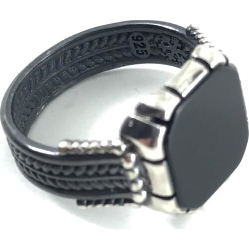 LARGE MIDDLE SQUARE BLACK Gemstone PATTERNED Muslim Tattoo Ring 925 SILVER CHIC PATTERNED Fathers Gift Fashion Men Jewelry Shi