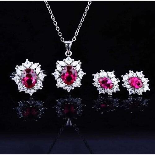 Fashion Geometric Jewelry Set Inlay Red Oval AAA Zircon Elegant Silver Stud Earrings For Women Party Gift Eternity Wedding Ring