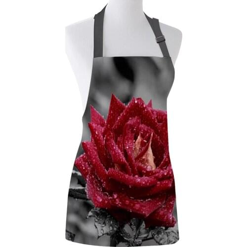 Red Rose Flower Waterdrop Leaf Gray Plant Apron Adult Kids Bibs Home Cooking Baking Restaurant Kichen Aprons for Woman Cleaning