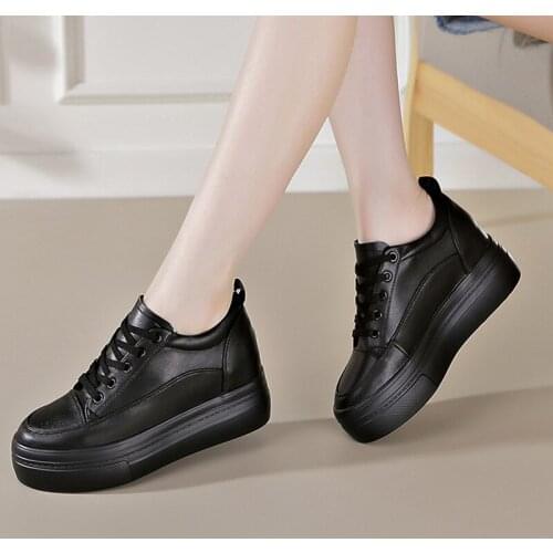 Real Leather Ladies Platform Sneakers White Wedge Sneakers Hidden Heel Shoe Womens Black Shoes for Woman Sneaker with Platform
