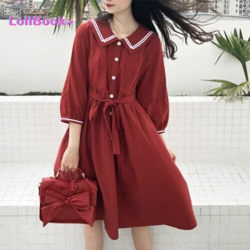 Lolibook Spring Summer Women Vintage Princess Lolita Dress Student Sailor Collar Preppy Style Girls Cute Waist Bandage Dresses