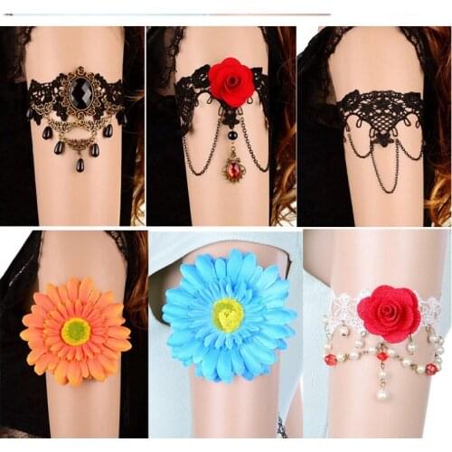 Fashion Lace Rhinestone Arm Armlet Chain with Flower Pendant Armband Bangle Bracelet Wedding for Women