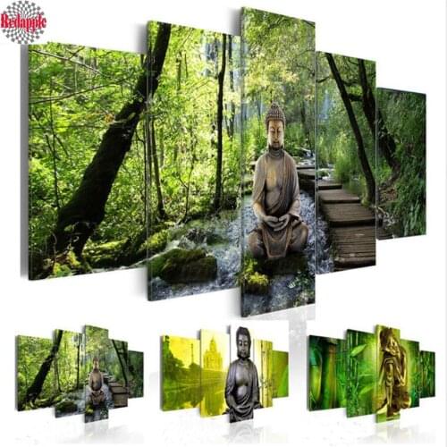 5 Panel Buddha diamond Painting Scenic waterfall bamboo Home Decoration diamant embroidery mosaic sale cross stitch Pictures