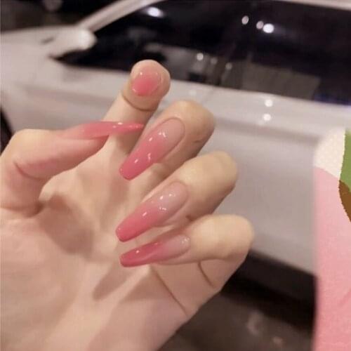 Cherry blosssom gradual pure color false nails 24pcs with glue bride lady full nail tips Ballet designed fake nails middle-long