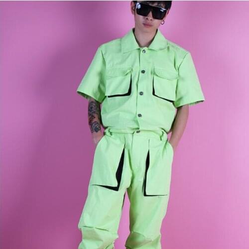 New mens light green partial fluorescent visual tooling jumpsuit suit three-dimensional bag tooling hip hop street dance costum