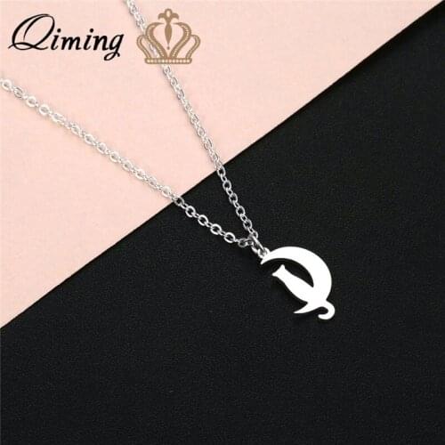 QIMING Crescent Moon Cat Necklace Minimal Baby Kids Children Necklace Chokers Space Moon Kitty Cats Animal Necklaces Gift