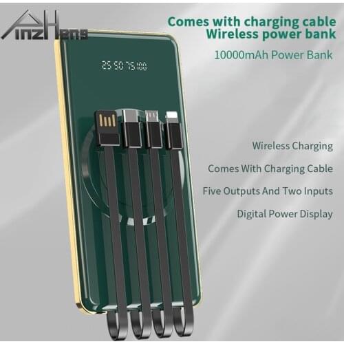 PINZHENG 10000mAh Wireless Power Bank For iPhone Xiaomi Power Bank Portable Charger Battery USB Poverbank Display with 4 wires