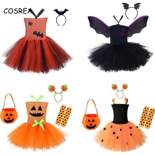 Halloween Dress Girls Kids Tutu Cosplay Costume Vampire Pumpkin Bat Wings Pettiskirt Performance Clothes Children Carnival Party