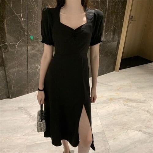 Vintage Square Collar Summer Black Dress Women Short Sleeve Casual Party Dress High Waist Sexy French Long Dress Split 2021 Z345