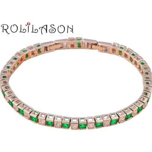 ROLILASON Simple cubic design square cut Green crystal Zircon Silver Bracelet women for fashion jewelry brunch style TB704