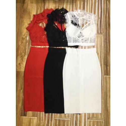 Sexy 2 piece set women 2018 Summer Lace Sexy Club High Neck bandage Crop Top and Bodycon Dress Set