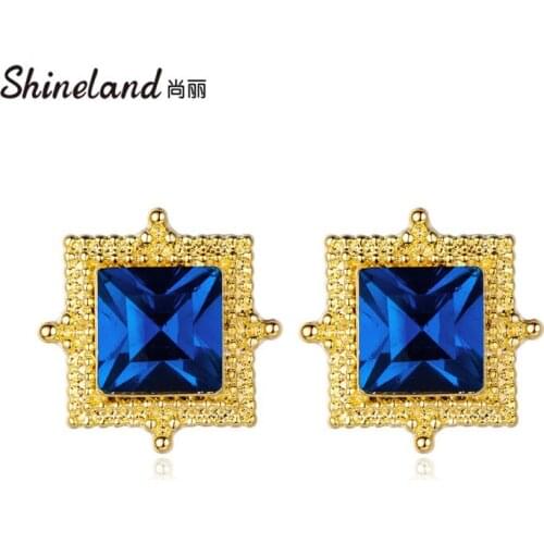 Shineland Luxury Female Crystal Zircon Stone Square Stud Earrings Fashion Vintage Metal Brincos For Women Jewelry Bijoux Gift