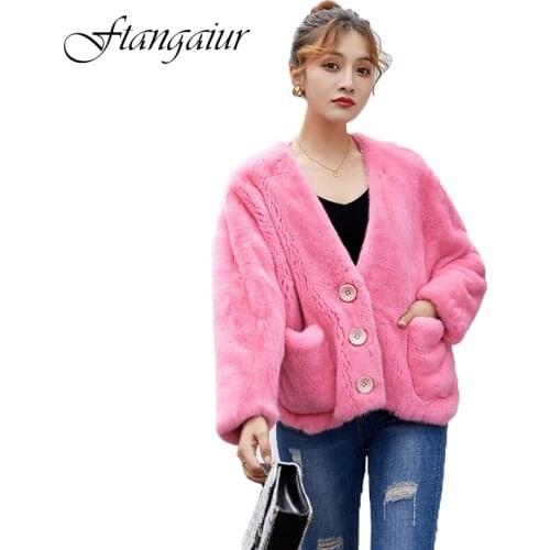 Ftangaiur 2021 Winter Import Velvet Mink Fur Coat Women Full Sleeve Short V-Neck Pure Color Losse Natural Real Mink Fur Coats