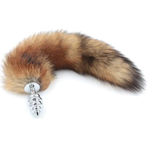 Screw plugs Red Fox Tail Spiral Butt Anal plug 35cm long Real Fox tails Metal Anal Sex Toy Drop shipping