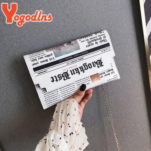 Yogodlns Fashion News Paper Shoulder Bag Women PU Leather Chains Crossbody Bag Small Flap Messenger Bag Trendy Lady Handbag sac