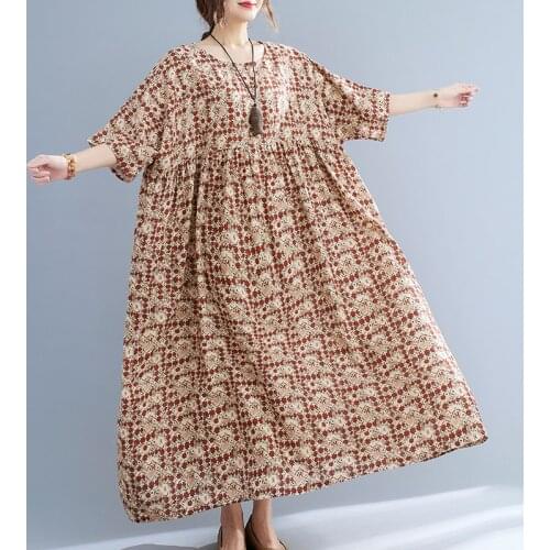 Korean Chic Summer Long Dress Women Vintage Loose Casual Bat Sleeve Printed Cotton Linen Dress Oversize Boho WomenS Clothing