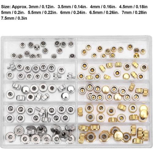 3.0-7.5mm 100pcs/set Alloy Watch Crown Parts Assorted Accessories Watch Repair Tool for Watchmaker Watch Crowns Stems Tool Set