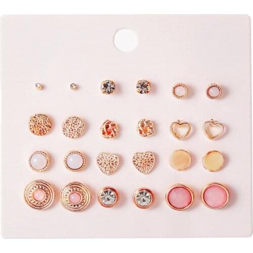 12 Pairs Of Greek Mythology Love Earrings Female Simple Sweet Round Pattern White Jade Diamond Crystal Set Earrings Female