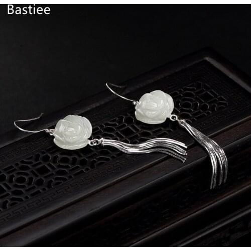 Bastiee Ethnic Earings Fashion Jewelry 925 Sterling Silver Earrings Gifts For Women Drop Earrings Vintage Jade Silver