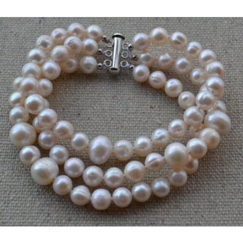 New Classic Pearl Bracelet White Color 3 Rows 8-10mm Real Freshwater Pearl Bracelet Wedding Birthday Party Jewelry Women Gift