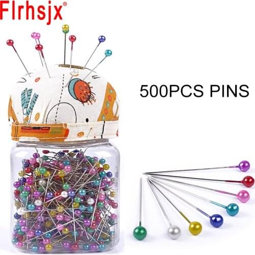 FLRHSJX 500Pcs Pearl Head Needle Quilting Pins Packed in Fabric Covered Pin Cushion Bottle Wedding Decorating Tool Sewing Crafts