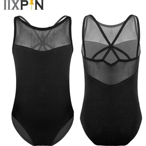 Children Summer Sleeveless Gymnastics Ballet Dance Leotards Girls Kids Mesh Splice Pink Black Criss-cross Back Ballet Dancewear