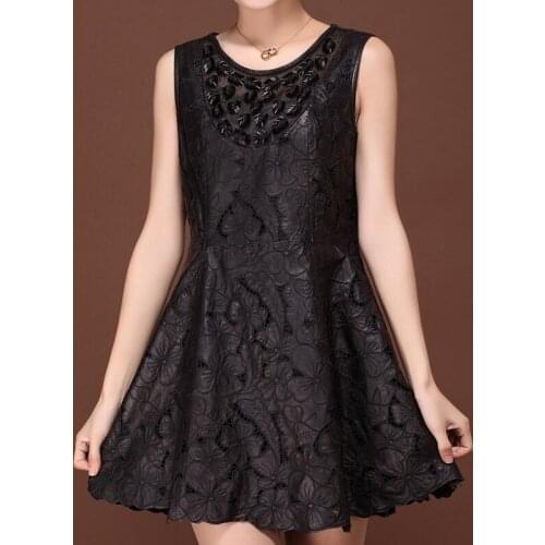 Elegant Lady Crystal Genuine Leather Pleated Mini Dress For Women 2020 Vintage Embroidery Office Work Party Sleeveless Sundress