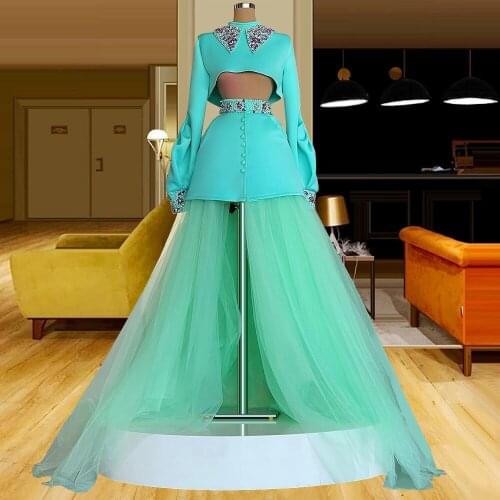 Elegant Two Pieces Green Prom Party Dresses Crystals Long Puffy Sleeves Long Evening Gowns High Low Skirt With Tulle Extra Puffy